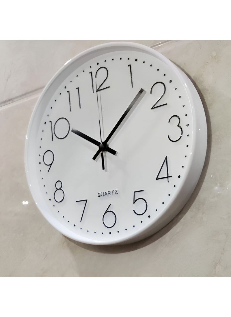 QUARTZ - ساعة حائط 12 بوصة، ساعة حائط صامتة غير موقوتة، ساعات حائط حديثة تعمل بالبطارية، ساعة تناظرية صامتة غير موقوتة لغرفة النوم والمكتب وغرفة المعيشة والمنزل والمطبخ والحمام (أبيض) - Image 1