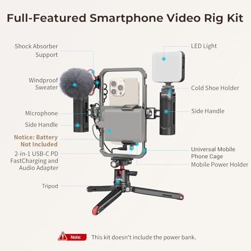 SmallRig Universal Phone Video Rig Kit for iPhone, Smartphone and Cameras, Phone Stabilizer Rig w/Tripod Microphone LED Light Side Handle Power Bank Holderm, for Vlogging & Live Streaming - Image 2