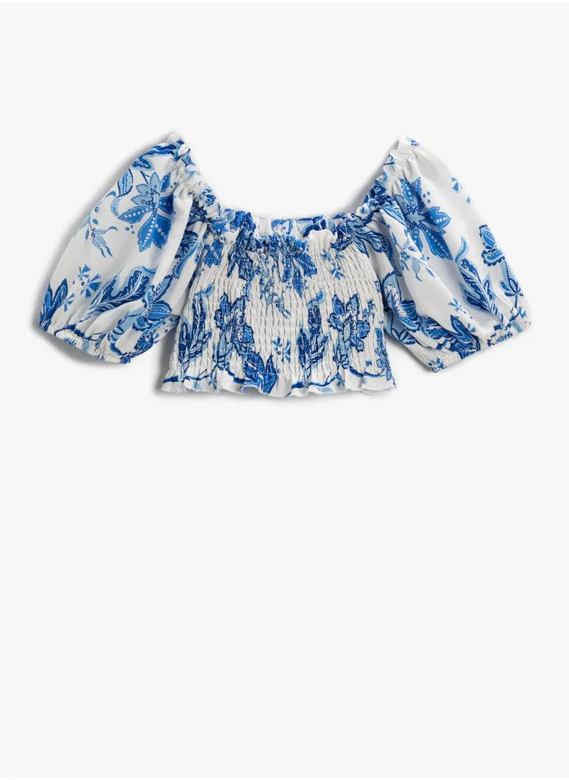 كوتون Floral Crop Blouse Puff Sleeve Off The Shoulder Gimped Detail