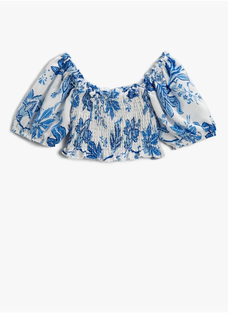 كوتون Floral Crop Blouse Puff Sleeve Off The Shoulder Gimped Detail