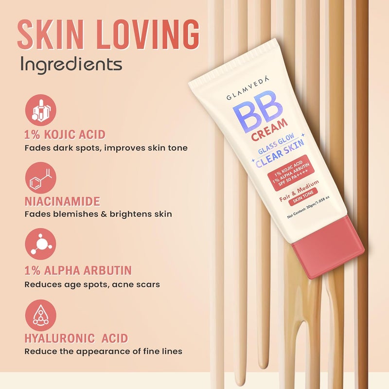 Glamveda كريم BB من غلامفيدا للبشرة الفاتحة والمتوسطة مع SPF 50 خفيف الوزن غير لزج مقاوم للماء يغطي البقع الداكنة ويوحد لون البشرة لمسة طبيعية رطبة مرطب دائم 30 جرام - Image 3