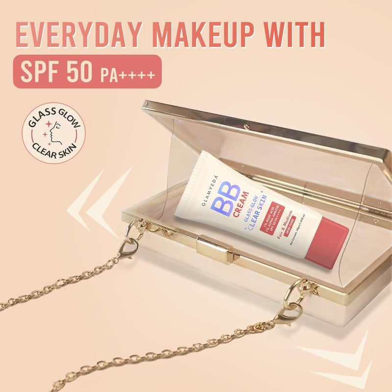 Glamveda كريم BB من غلامفيدا للبشرة الفاتحة والمتوسطة مع SPF 50 خفيف الوزن غير لزج مقاوم للماء يغطي البقع الداكنة ويوحد لون البشرة لمسة طبيعية رطبة مرطب دائم 30 جرام - Image 4