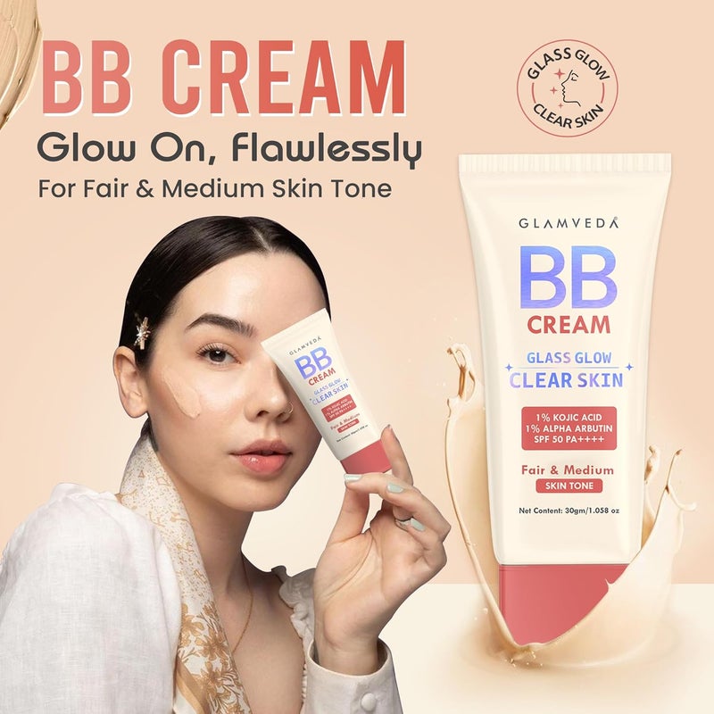 Glamveda كريم BB من غلامفيدا للبشرة الفاتحة والمتوسطة مع SPF 50 خفيف الوزن غير لزج مقاوم للماء يغطي البقع الداكنة ويوحد لون البشرة لمسة طبيعية رطبة مرطب دائم 30 جرام - Image 2