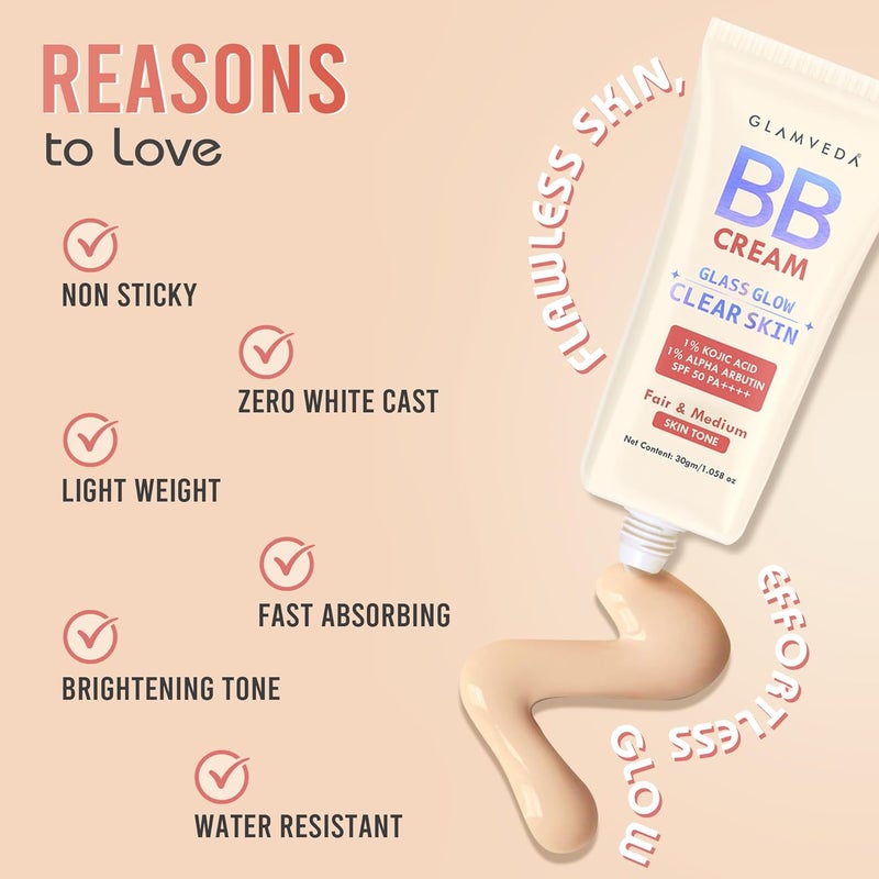 Glamveda كريم BB من غلامفيدا للبشرة الفاتحة والمتوسطة مع SPF 50 خفيف الوزن غير لزج مقاوم للماء يغطي البقع الداكنة ويوحد لون البشرة لمسة طبيعية رطبة مرطب دائم 30 جرام - Image 5