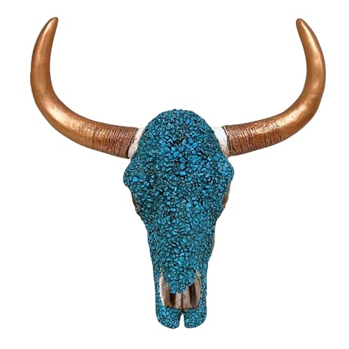 BestGiftEver BestGiftEver Turquoise Cow Bison Skull Head with GoldTone Painted Horn Wall Hanging  Rustic Bull Skull Wall Art for Rustic Lodge Decor with Western Native AmericanThemed 