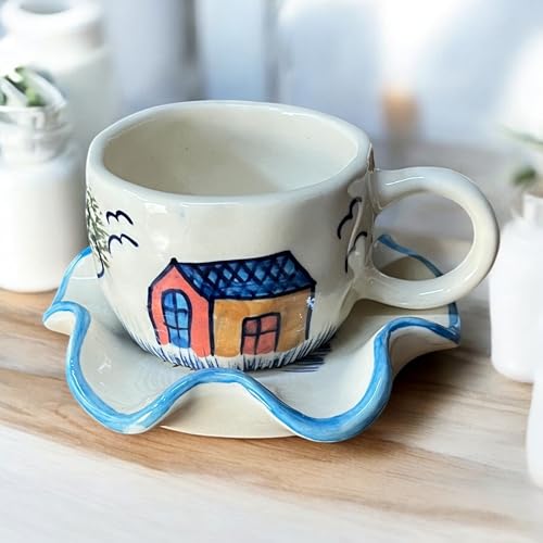 BACKKSPACE RETAIL Farm House Art Coffee Tea Milk Mug & Saucer | Microwave & Dishwasher Safe Ceramic Tea Cup | Perfect for Latte, Cappuccinos, Tea Bag & Beverages (Cream, 250ml) - Image 1