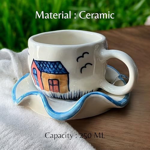 BACKKSPACE RETAIL Farm House Art Coffee Tea Milk Mug & Saucer | Microwave & Dishwasher Safe Ceramic Tea Cup | Perfect for Latte, Cappuccinos, Tea Bag & Beverages (Cream, 250ml) - Image 5