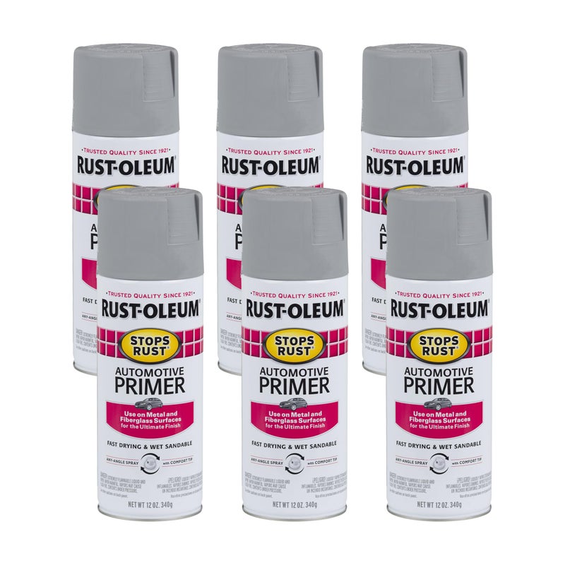 Rust-Oleum 2081830-6PK Stops Rust Automotive Primer Spray, 12 oz, Flat Light Gray, 6 Pack - Image 1