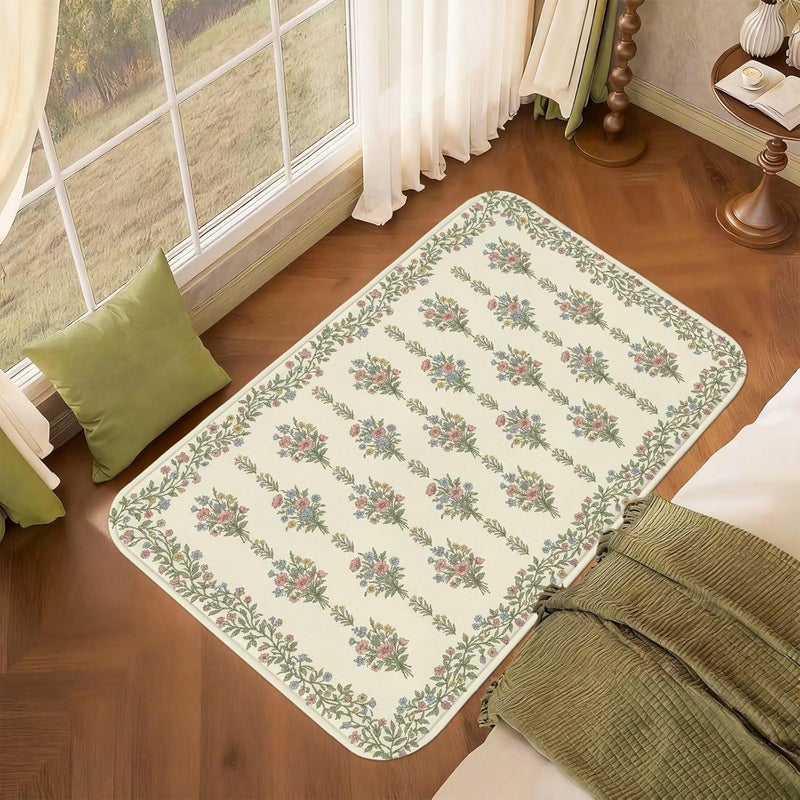Flower Area Rug, Classic Elegant Leaf Floral Spring Cream Low Pile Sponge Aesthetic Rectangle Home Floor Carpet Rugs for Living Room Bedroom New Home Dining Decor 5' X 7' - Image 3