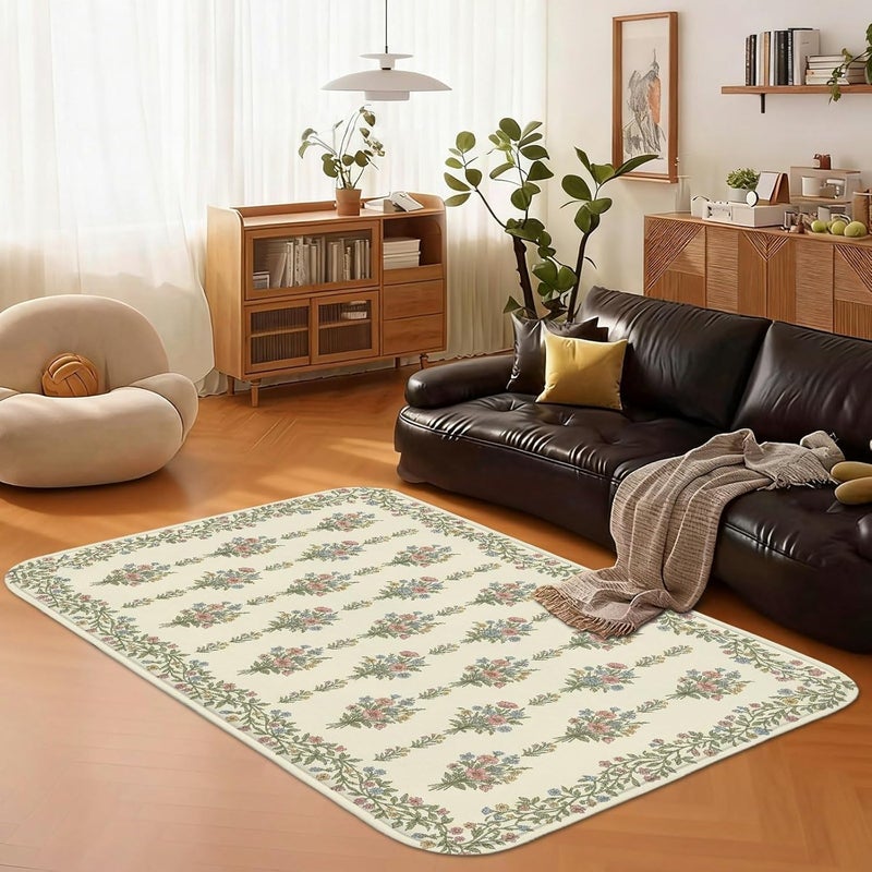 Flower Area Rug, Classic Elegant Leaf Floral Spring Cream Low Pile Sponge Aesthetic Rectangle Home Floor Carpet Rugs for Living Room Bedroom New Home Dining Decor 5' X 7' - Image 4
