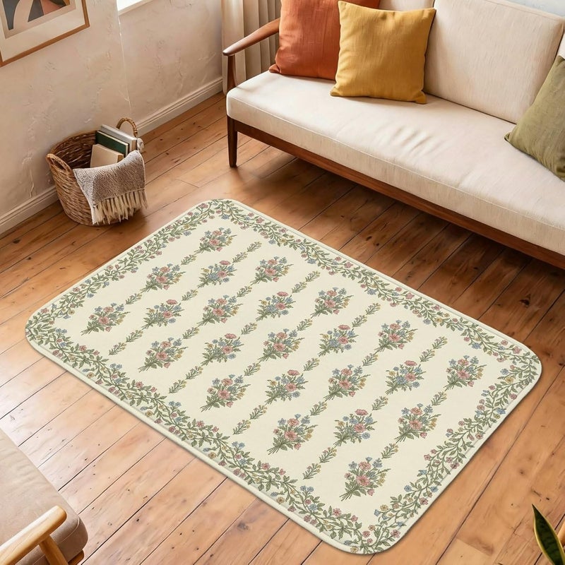 Flower Area Rug, Classic Elegant Leaf Floral Spring Cream Low Pile Sponge Aesthetic Rectangle Home Floor Carpet Rugs for Living Room Bedroom New Home Dining Decor 5' X 7' - Image 5