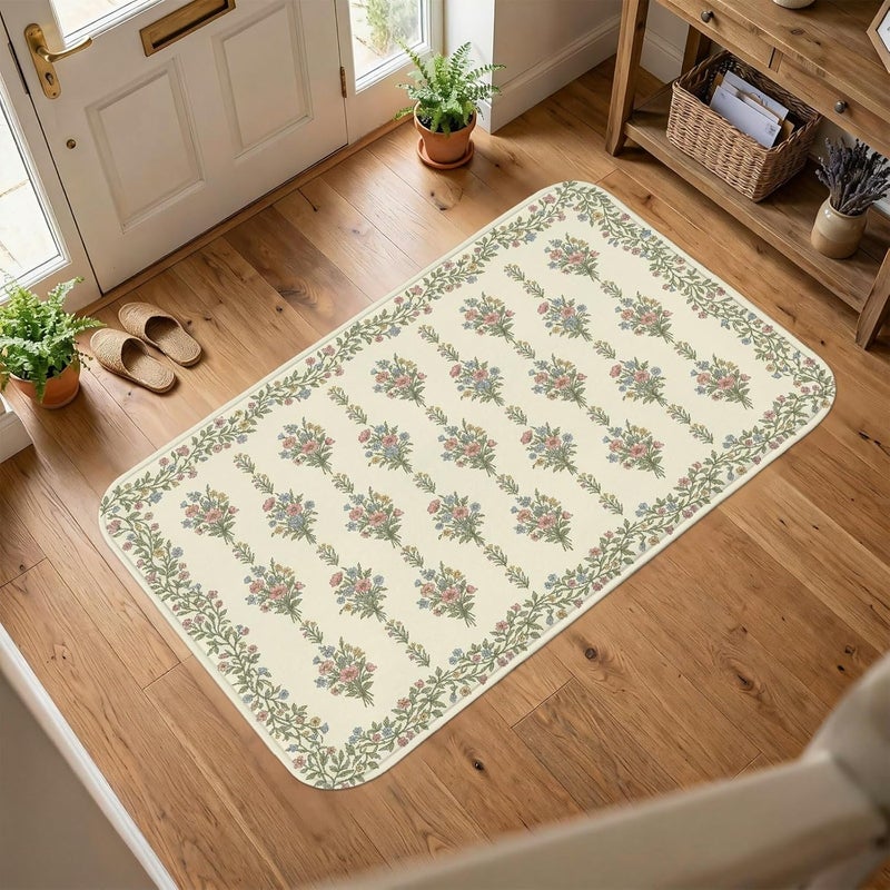 Flower Area Rug, Classic Elegant Leaf Floral Spring Cream Low Pile Sponge Aesthetic Rectangle Home Floor Carpet Rugs for Living Room Bedroom New Home Dining Decor 5' X 7' - Image 1