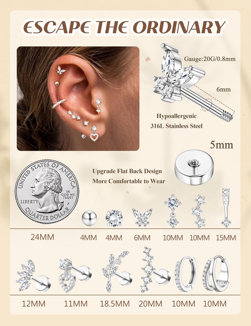 BESTEEL Hypoallergenic Flat Back Earrings Set - Silver Plated Cartilage Earrings for Women Surgical Steel Flatback Stud Hoop Earring Stacks for Helix Tragus Conch Piercing Jewelry (Singles & Pairs) - Image 4