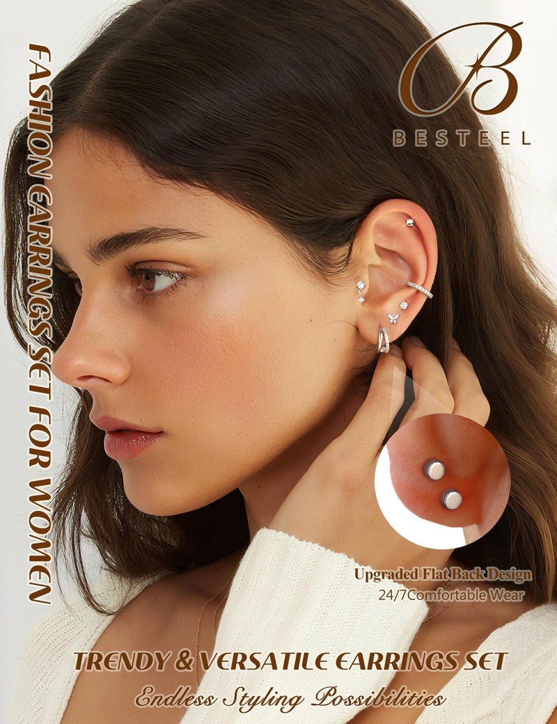 BESTEEL Hypoallergenic Flat Back Earrings Set - Silver Plated Cartilage Earrings for Women Surgical Steel Flatback Stud Hoop Earring Stacks for Helix Tragus Conch Piercing Jewelry (Singles & Pairs) - Image 3