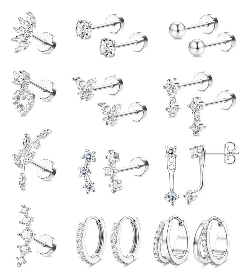 BESTEEL Hypoallergenic Flat Back Earrings Set - Silver Plated Cartilage Earrings for Women Surgical Steel Flatback Stud Hoop Earring Stacks for Helix Tragus Conch Piercing Jewelry (Singles & Pairs) - Image 1