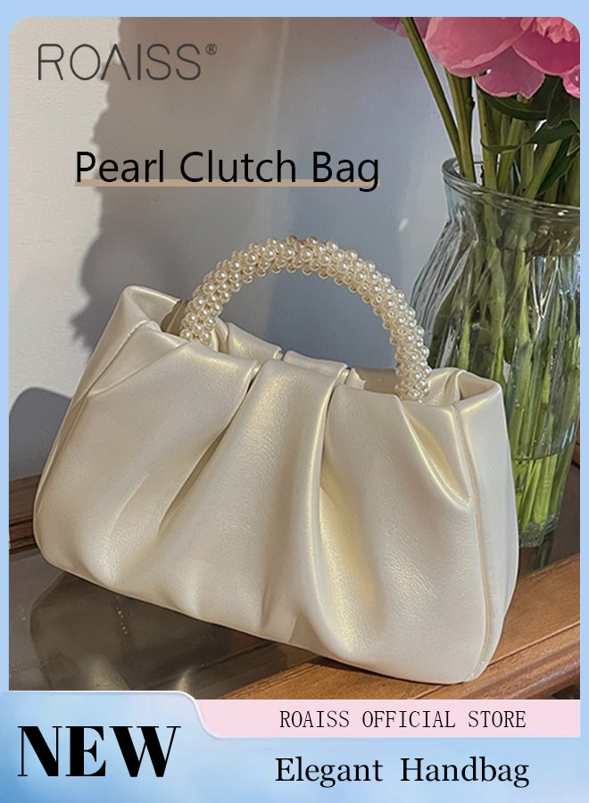 roaiss Elegant Pearl Purse Clutch Bag Pleated Cloud Shoulder Crossbody Handbags Women Pearl Tote Bag Rhinestone Clutch Handbag  - Image 2
