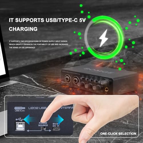 BOMGE U202 USB Audio Interface with Mic Preamplifier XLRTSRTS Ports48V32Bit192kHz Resolution fro computer recordingStreamingPodcasting - Image 3