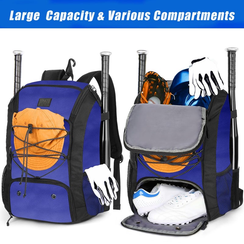 MATEIN Baseball Bat Bag, Lightweight Softball Bag with Shoes Compartment for Men Women, Baseball Catchers Bags Gifts for Adults with Fence Hook Fits 2 Bats, Batting Mitten, Helmet, Tball Gear, Blue - Image 2
