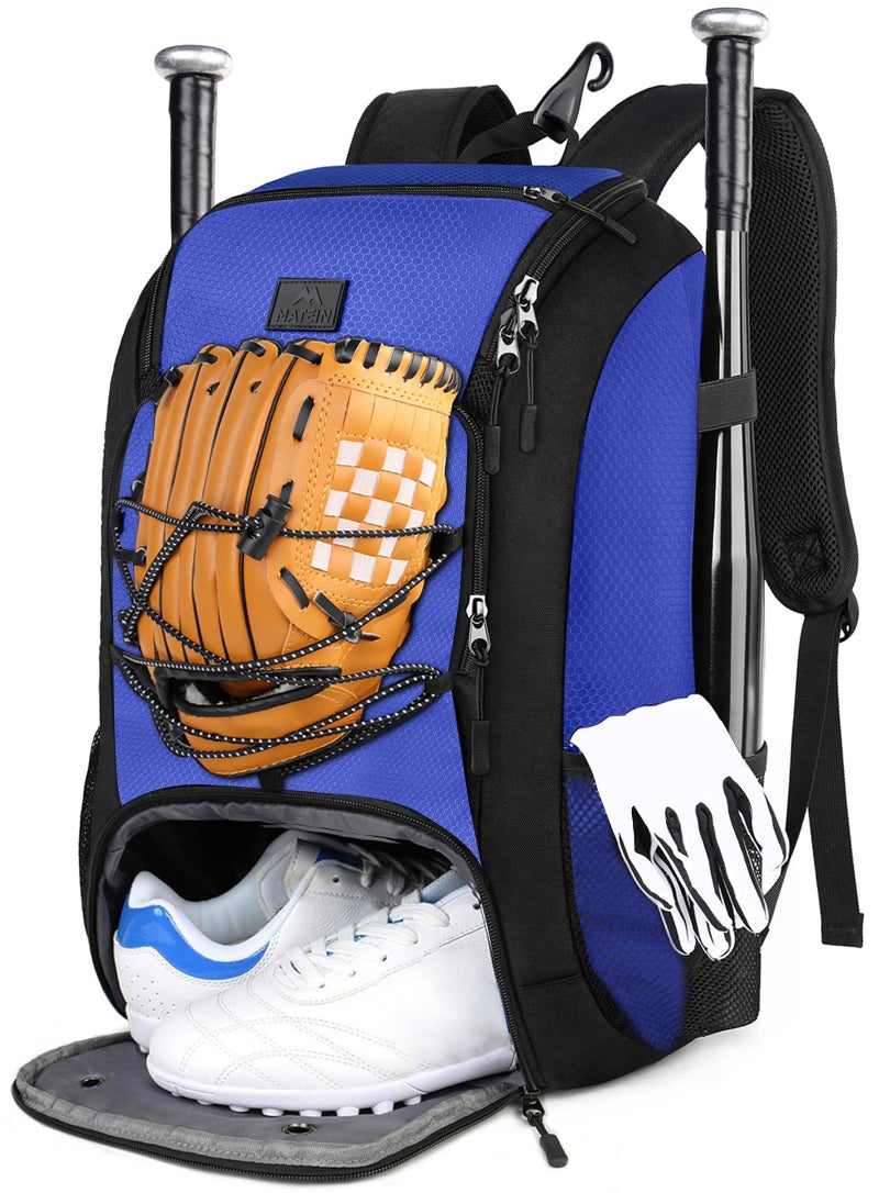 MATEIN Baseball Bat Bag, Lightweight Softball Bag with Shoes Compartment for Men Women, Baseball Catchers Bags Gifts for Adults with Fence Hook Fits 2 Bats, Batting Mitten, Helmet, Tball Gear, Blue - Image 1