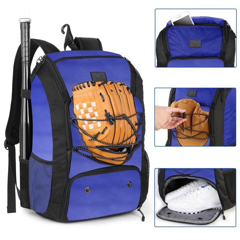 MATEIN Baseball Bat Bag, Lightweight Softball Bag with Shoes Compartment for Men Women, Baseball Catchers Bags Gifts for Adults with Fence Hook Fits 2 Bats, Batting Mitten, Helmet, Tball Gear, Blue - Image 4