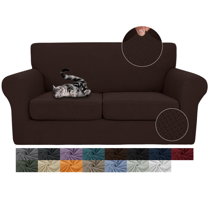 3 PIECES STRETCH COUCH COVERS FOR 2 CUSHION COUCH FITTED THICK LOVESEAT SOFA SLIPCOVER WITH 2 SEAT CUSHION COVERS FOR LIVING ROOM PET DOGS LOVESEAT DARK COFFEE