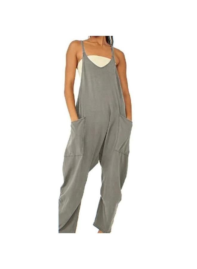 European And American Women's Size  Solid Color Zipper Pocket Sling Jumpsuit Fat Hip Pants