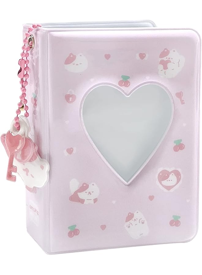 The Bros 3 Inch Mini Photo Album, Heart Hollow Card Binder Photo Album Photo Card Holder with Pendant 40 Pockets (pink white cat) 