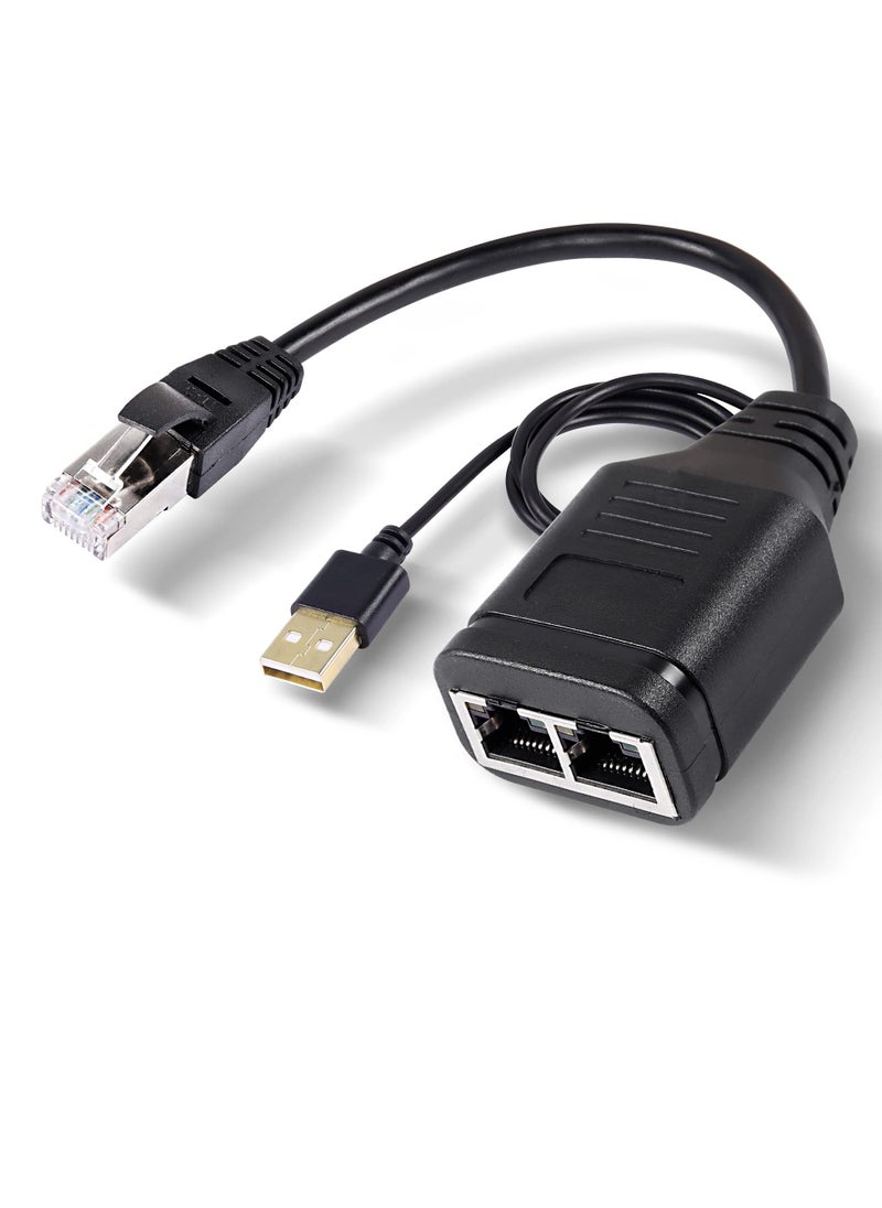 SYOSI Ethernet Splitter 1 to 2 Adapter RJ45 Splitter High-Speed LAN Distributor Connector with USB Power Cable-30cm RJ45 1 Male to 2Female Network Adapter 8P8C 100Mbps for Cat5 5e 6 7 Ethernet Cable  - Image 1