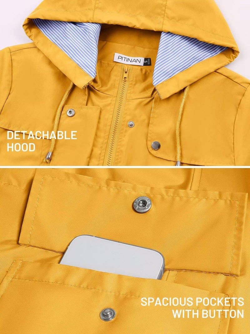 PITINAN Yellow Rain Jackets For Women Waterproof Womens Rain Coat Lady's Long Hooded Lightweight Rain Jacket Women Windbreaker L - Image 4