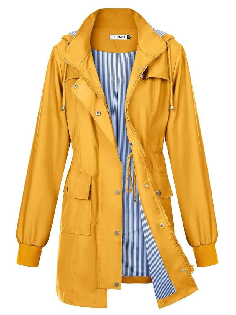PITINAN Yellow Rain Jackets For Women Waterproof Womens Rain Coat Lady's Long Hooded Lightweight Rain Jacket Women Windbreaker L - Image 1