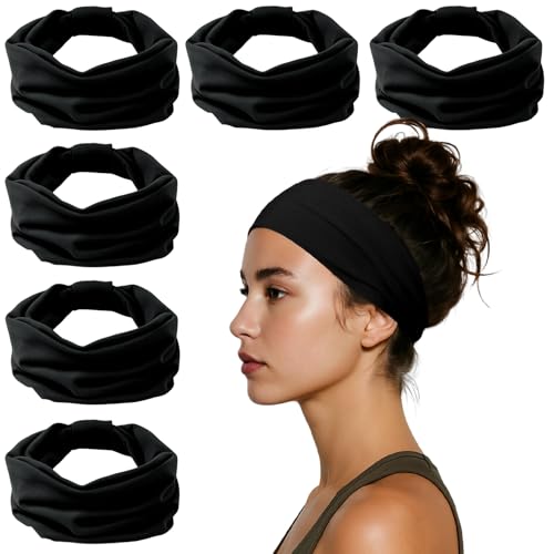 HSEM Headbands for Women, Wide Elastic Head Bands, Non-Slip Thick Hair Bands, Sports Stretchy Sweat Bands, Large Knotted Soft Headband for Washing Face, Makeup, Workout, Spa, Fashion, 6-Pack Black - Image 1
