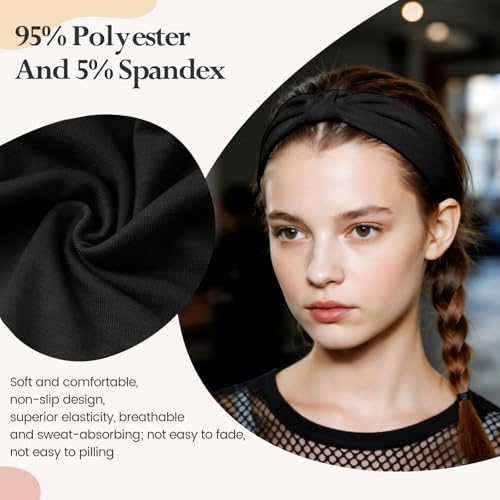 HSEM Headbands for Women, Wide Elastic Head Bands, Non-Slip Thick Hair Bands, Sports Stretchy Sweat Bands, Large Knotted Soft Headband for Washing Face, Makeup, Workout, Spa, Fashion, 6-Pack Black - Image 3