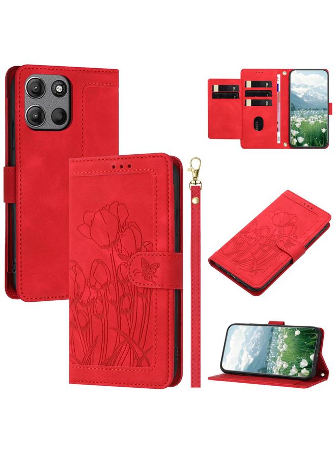 اس-توب جراب لهاتف Motorola Moto G Play 2025 مصنوع من الجلد المنقوش بنقشة زهور التوليب مع حبل تعليق - Image 1