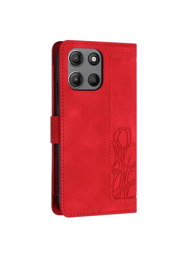 اس-توب جراب لهاتف Motorola Moto G Play 2025 مصنوع من الجلد المنقوش بنقشة زهور التوليب مع حبل تعليق - Image 3