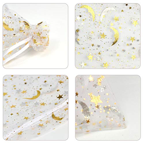 SUNGULF 100Pcs 6x9 Inches Sheer Organza Drawstring Pouches Stars And Moon Wedding Party Favor Jewelry Candy Gift Bags (White) - Image 3