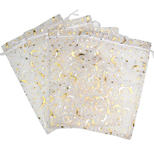 SUNGULF 100Pcs 6x9 Inches Sheer Organza Drawstring Pouches Stars And Moon Wedding Party Favor Jewelry Candy Gift Bags (White) - Image 1