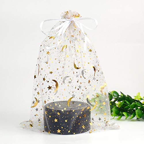 SUNGULF 100Pcs 6x9 Inches Sheer Organza Drawstring Pouches Stars And Moon Wedding Party Favor Jewelry Candy Gift Bags (White) - Image 4