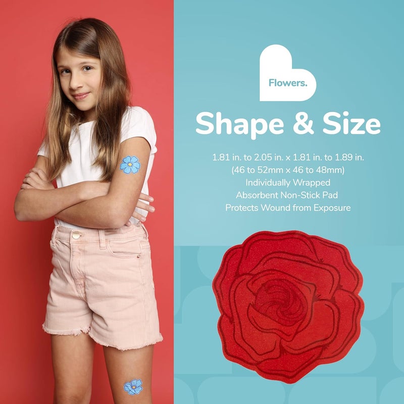 BioSwiss لصقات بيو سويس على شكل زهور لاصقة ذاتياً خالية من اللاتكس معقمة للعناية بالجروح مجموعة إسعافات أولية ممتعة للأطفال والبالغين 50 قطعة - Image 4