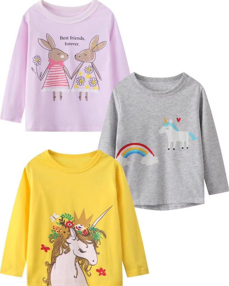 MSSMART Girls 2t Shirts Toddler Long Sleeve Top Fall Crewneck Kids Autumn Cotton Rabbit Unicorn Tee 3 Packs Size 2 - Image 1