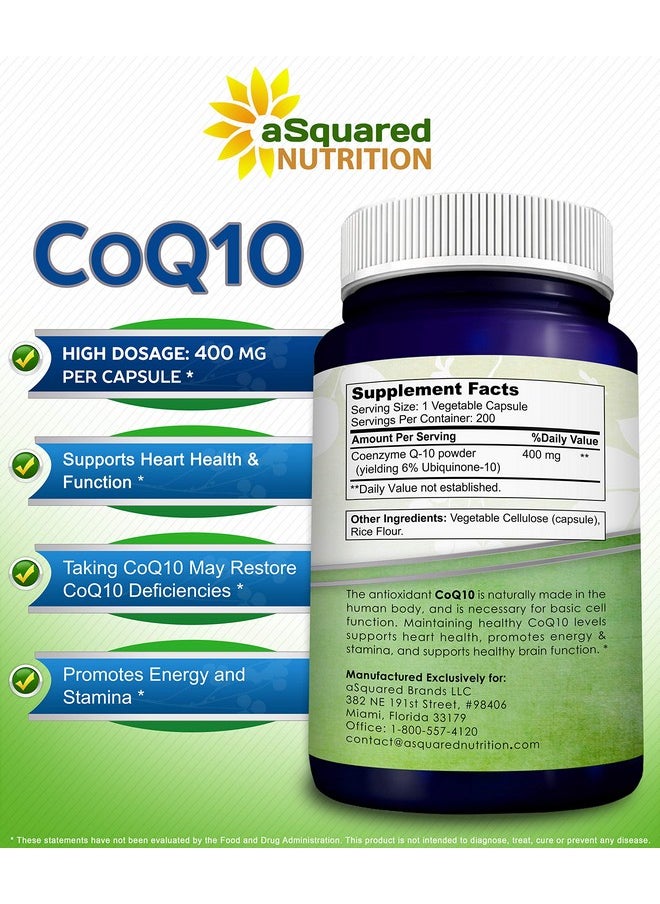 aSquared Nutrition - Coq10 400Mg Max Strength 200 Capsules High Absorption Vegan Coenzyme Q10 Powder Ubiquinone Supplement Pills Extra Antioxidant Co Q10 Enzyme Vitamin Tablets Coq 10 400 Mg - Image 1