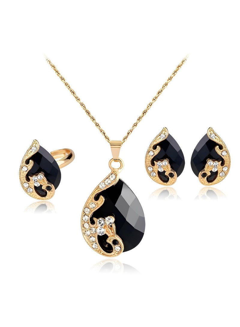 ريوكل طقم مكون من 3 قطع من القلائد الأنيقة للنساء على شكل طاووس وقلادة من حجر الراين على شكل قطرة ماء وأقراط من الكريستال على شكل طاووس وخاتم على شكل طاووس - Image 4