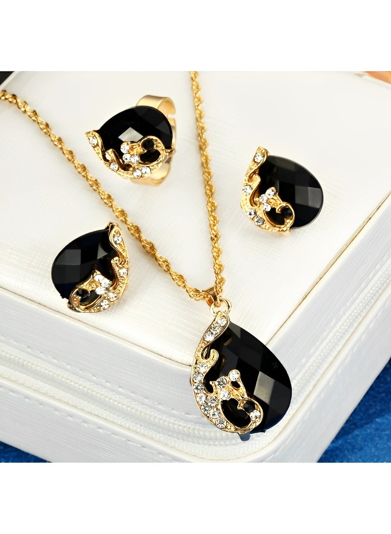 ريوكل طقم مكون من 3 قطع من القلائد الأنيقة للنساء على شكل طاووس وقلادة من حجر الراين على شكل قطرة ماء وأقراط من الكريستال على شكل طاووس وخاتم على شكل طاووس - Image 1