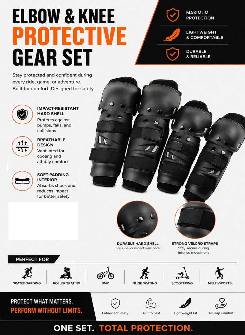 DBLEW 4 Pieces Knee Pads and Elbow Pads, Black Hard Shell Shin-Guards, Adjustable Strap Riding Protection for Outdoor Sports, Roller Skating, Skateboarding, Cycling, Skating, Scootering and Motorbike Riding, Durable Sports Safety Pads for Adults and Kids - Image 1