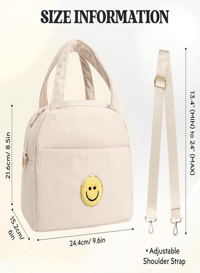 LSxia Kids Lunch Bag Lunch Box for Teen Girls Boys Back to School, Cute Preppy Lunchbox With Adjustable Shoulder Strap, Insulated Corduroy Lunch-Boxes Lunch-Bags for Women Work Picnic (Beige/Off White) - Image 2