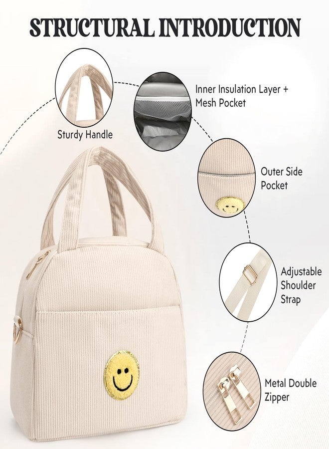 LSxia Kids Lunch Bag Lunch Box for Teen Girls Boys Back to School, Cute Preppy Lunchbox With Adjustable Shoulder Strap, Insulated Corduroy Lunch-Boxes Lunch-Bags for Women Work Picnic (Beige/Off White) - Image 5