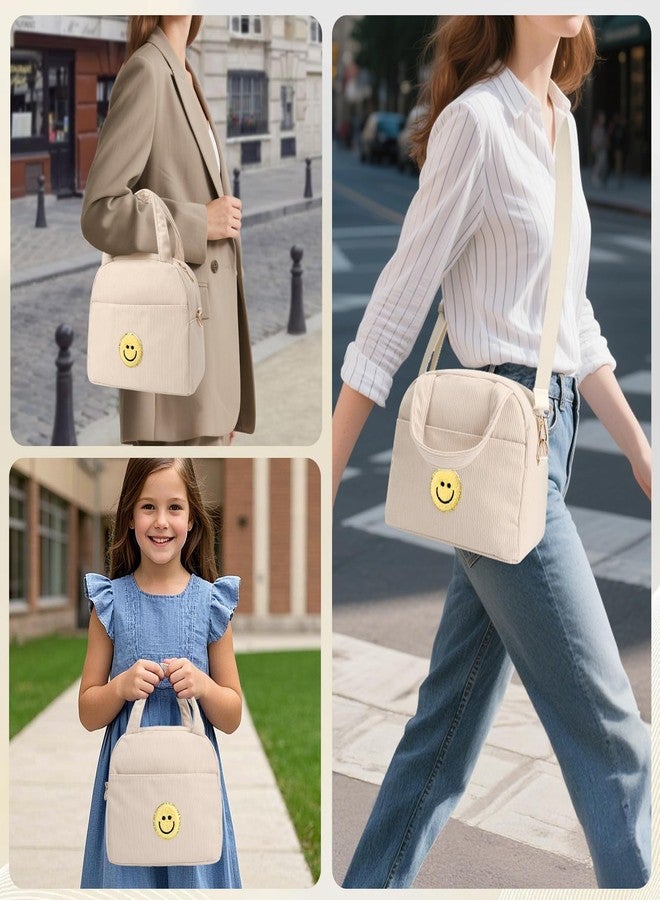 LSxia Kids Lunch Bag Lunch Box for Teen Girls Boys Back to School, Cute Preppy Lunchbox With Adjustable Shoulder Strap, Insulated Corduroy Lunch-Boxes Lunch-Bags for Women Work Picnic (Beige/Off White) - Image 3