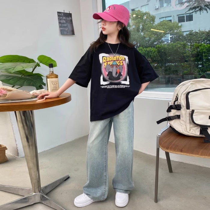 Girls' T-Shirt 2026 Style For Older Girls, Middle School Students, Printed Short-Sleeve Loose Top For Children, Trendy - Image 1
