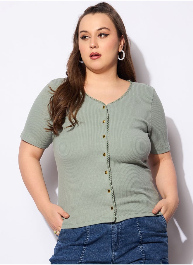 SASSAFRAS Plus Size V-Neck Buttoned Short Sleeve Top  - Image 1
