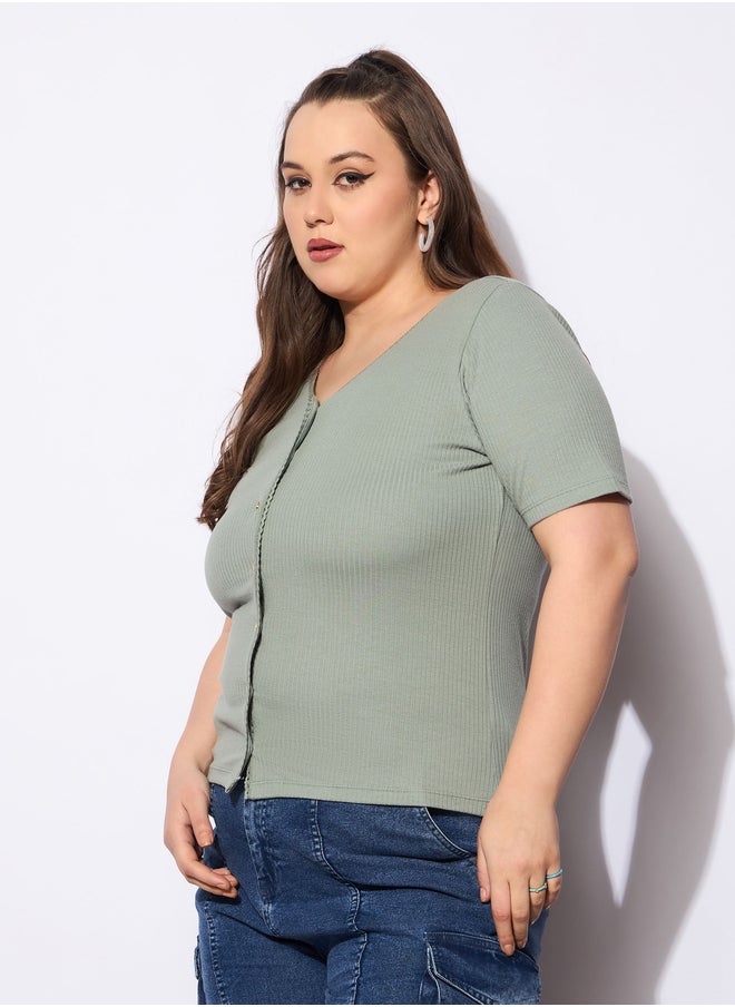 SASSAFRAS Plus Size V-Neck Buttoned Short Sleeve Top  - Image 3