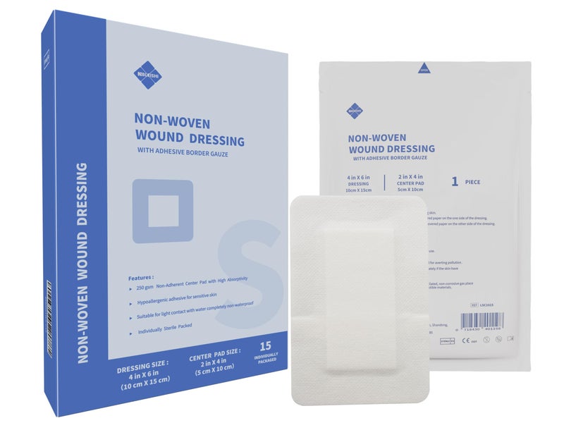 NBLEISHI Sterile Non Woven Island Wound Dressing 4 X 6 inch,Extra Large Cover with Adhesive Bordered Gauze Pads,Breathable and High Absorbent Non-Stick Center pad,Latex Free, 15 Individually Pack - Image 1